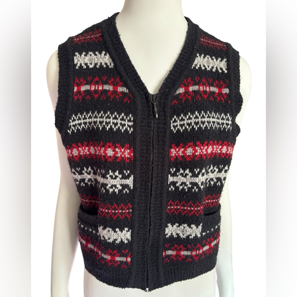 Vintage Nordic Knit Vest Full Zip Sweater Black Red White Fair Isle Sleeveless‎